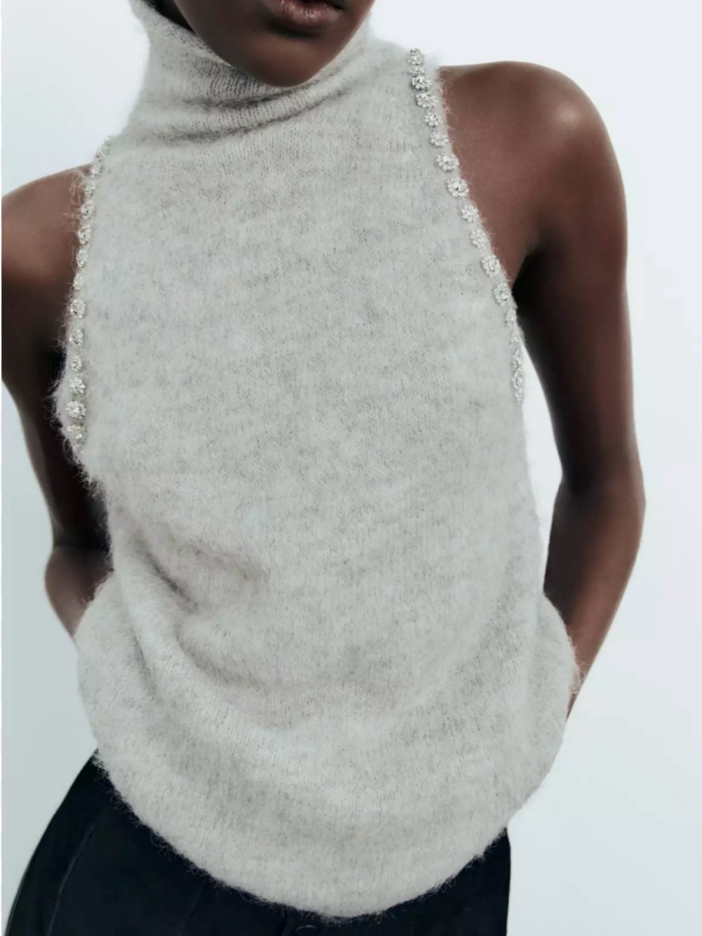 Zara MWT grey Sleeveless Turtleneck Tank with Beaded Trim